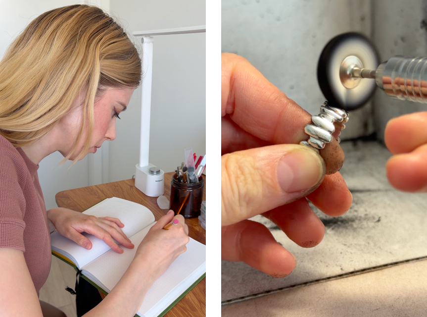 A split-screen lifestyle image showing a woman writing in a notebook at a desk on the left, and a close-up of hands using a rotary tool to polish a textured silver ring on the right.