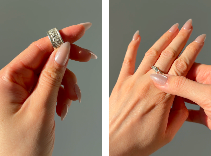 A split-screen lifestyle image showing a silver ring with a textured, patterned band. On the left, a hand with long nude manicured nails holds the ring up.
On the left, a hand with long nude manicured nails wearing the ring and feeling the texture.