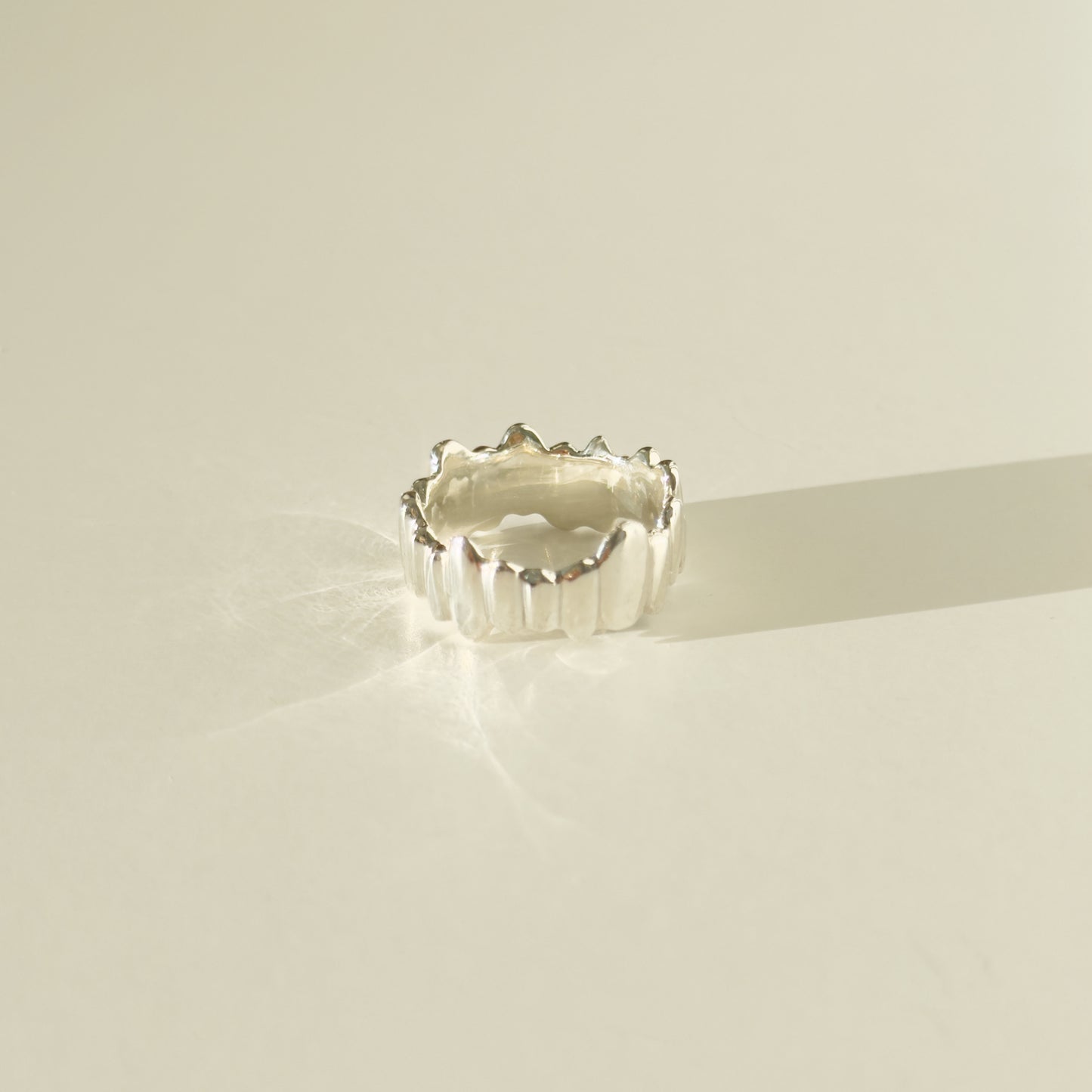 Side view of the Meridian textured silver ring, pictured on a light plain background.