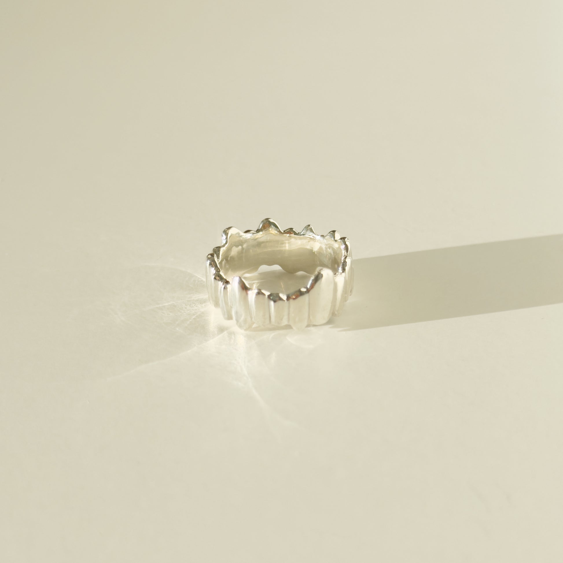 Side view of the Meridian textured silver ring, pictured on a light plain background.