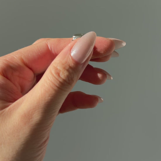 A close up of a hand feeling the texture of the Meridian ring. Pictured on a light gray background.