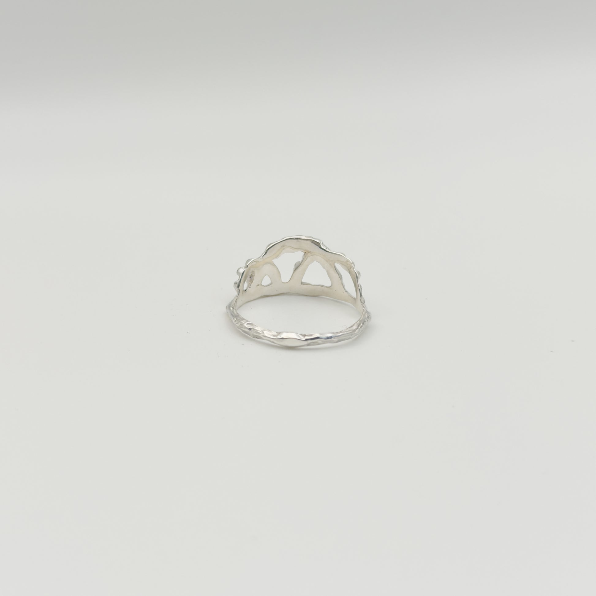 Back view of the Sequence textured silver ring, pictured on a light plain background.